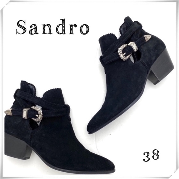 SANDRO Western Buckled Cutout Pointed Toe Suede Ankle Bootie Black Size 8 - Picture 1 of 9